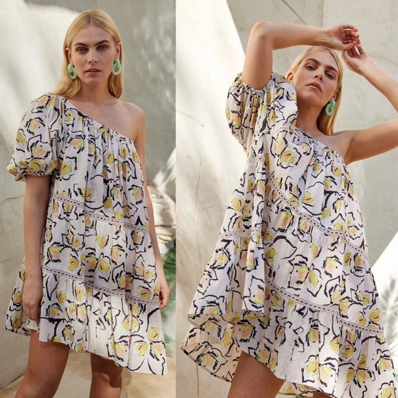 Velvet by Graham & Spencer Anthropologie Cream Floral One Shoulder Dress - Picture 1 of 7